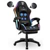 IBK Sedia da Gaming professionale, similpelle, massaggiante, supporto lombare, Led RGB, casse bluetooth, regolabile in altezza, schienale reclinabile, pistone a gas classe 3, Ufficio PC (Nero)