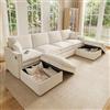 Ktipm Divano Angolare Modulare a U/a L con USB e 2 Sgabelli Contenitore | Divano Modulare Componibile con 2 Cuscini Per Soggiorno, Cotone e Lino, 277x135x80 cm, Beige