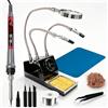 QUWOU QOUWU 100W Kit di saldatore, stazione di saldatura con visualizzazione | Lente d'ingrandimento per mani, 3 punte, manicotto per punta, filo di saldatura, pinzette, sfera in ottone, spugna