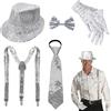 Rbleote Vestito con glitter da uomo, accessori glitterati, costume da uomo con bretelle, paillettes, papillon con paillettes, guanti da cravatta, costume da paillettes, costume argento per carnevale festa