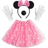 Wishstar Costume topo da donna, orecchie di mouse con fiocco, costume da balletto + orecchie di mouse + guanti + naso, tutu rosa con bianco tratteggiato, abito di tulle bambini per carnevale Halloween Cosplay