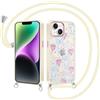 Yirlbey Cover per iPhone 14 / iPhone 13 6,1'' con Cordino, Aesthetic Fiocco Fiori Motivo Disegno Trasparente Silicone TPU + PC Case Corda con Regolabile Laccio Antiurto Custodia per Ragazze, Bianco