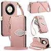 LIAOCY A Tracolla Custodia per Honor Magic8 Lite/Magic 8 Lite /X9d, Flip Cover con Portafoglio e Cerniera in Pelle PU[Fibbia Magnetica a Foglia], Anticaduta con Supporto, Pink.