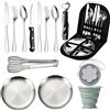 Nuvyrel Set di stoviglie da campeggio per 2 persone, 14 pezzi, in acciaio inox | con piatti, coltelli, forchette, cucchiai, 2 bicchieri pieghevoli, posate per picnic, campeggio, escursioni e barbecue