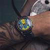 CILOA Orologio Cronografo da Corsa CILOA per Uomo, Quadrante Vintage Blu e Giallo, Cinturino in Pelle Nera Traforata, Tachimetro, Orologio da Polso al Quarzo