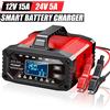 DWiusty Caricabatterie intelligente per auto 12V/24V 15A con mantenitore automatico, caricabatterie a impulsi per batterie AGM, GEL, al piombo e LiFePO4, display LCD a 10 stadi per auto, moto e barche