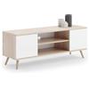 Dmora Mobile Porta TV con 2 Ante e 1 ripiano Centrale, Credenza con Piedini, Buffet da Soggiorno in Stile Scandi, cm 155x40h50, Colore Bianco e Rovere, Quercia