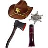 I LOVE FANCY DRESS LTD zombie Hunter Fancy Dress Accessory set costume Halloween sceriffo cappello con oro distintivo e corda dettaglio + ascia con manico marrone + tubetto di sangue finto argento sceriffo distintivo horror carattere Dead set