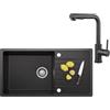 CECIPA 86x45 cm Lavello Cucina Nero con L Rubinetto Cucina Estraibile | Lavello in granito con Gocciolatoio, Lavandino Cucina 1 Vasca, per Mobile da 60cm, con Sifone e Troppopieno