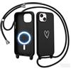 CaseLover Cover Magnetica compatibile con iPhone 13/iPhone 14 con Cordino, Nero | CaseLover Custodia con Laccio Collana Regolabile, Morbida TPU Silicone Case, con Motivo Cuore, Antiurto Protettiva Cover