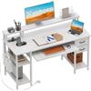 Xyphren Scrivania con 2 cassetti, 120 x 50 cm, tavolo da gioco con ripiano per tastiera, ripiano laterale regolabile in altezza, supporto per monitor e presa per casa, ufficio e soggiorno, bianco