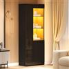 Merax Vetrina in vetro con LED, armadio alto laccato nero lucido con 2 ante, ripiani in vetro, cassetti, vetrina da collezione, libreria, vetrina da terra, per soggiorno e ufficio, 180 cm