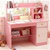 ELZEM Scrivania Bambini Rosa con Libreria e Cassetto, Tavolo Scrivania Multifunzionale per Cameretta, Banco Scuola per Bambini Ragazzi e Studenti A,80x40x107cm