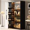 NuvlaGu Armadio multifunzione con LED e porta in vetro 110,5 x 35 x 160 cm - Vetrina moderna con cassetto laterale e ruote - Armadio alto in bianco e nero per soggiorno, sala da pranzo, bagno