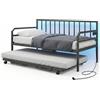 COSTWAY Letto Estraibile con Luci LED, 2 Pz 90x200 cm (Nero) | Divano Letto Singolo con Stazione di Ricarica, Lettino Matrimoniale con Struttura in Metallo, per Soggiorno e Camera da Letto