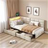 JYNVO Letto Singolo 90x200 con Testiera a L, Letto Imbottito con Luci LED RGB, USB e Presa di Ricarica, 2 Cassetti Estraibili, Letto per ragazzi, Divano letto, Lino, Beige