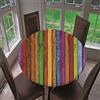 Chickwin Rotonda Tovaglia con Bordo Elastico, Copritavolo Impermeabile Antiscivolo, Stampa Strisce Colorate 3D Creativo Tovaglia per Cucina, Picnic, Interno e Esterno (150cm,Tavola di Legno)