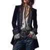 Generic Giacca lunga ricamata in velluto di poliestere blu navy, giacca in velluto da donna, giacca da pirata, cappotto steampunk di Halloween