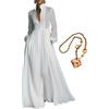 Generic Maxi abito da donna minimalista in cotone e lino, colletto alla coreana, monopetto, a maniche lunghe, tinta unita, casual, maxi abito
