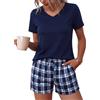 Bresdk Pigiama Donna Estivo Cotone Corto Eleganti Due Pezzi Estivi | Pantaloncini a Quadri Manica Corta Scollo a V