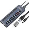 OEM Hub USB 3.0 in alluminio con funzione di ricarica - Adattatore con interruttori di alimentazione separati - Argento grigio, 10 porte