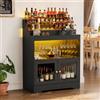 MSFE Mobile Porta Vino con Luce LED e Anta Mobiletto Bar con Ripiano a 3 Livelli per Bottiglie di Liquore Portabottiglie da Terra con Portabicchiere per Cucina, Sala da Pranzo, Soggiorno, Bar, Caffetteria