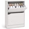 MOHOME Scarpiera Salvaspazio Slim Mobile Ingresso 2 Ante Basculanti Doppia Profondità con Pannello Retrostante Bianco Frassinato 63x24x80 cm Portascarpe in Legno MDF Melaminico Ingresso Camera