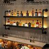AUSKLEZU Portabottiglie da Parete Industriale con LED，Nero：2 liv：125cm | Mensola portabottiglie a muro con tubi in ferro nero piano in legno nero e luce LED calda plug and play per bar industriale