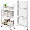 VORMICS Carrello da Cucina a 3 Ripiani Pieghevole, Bianco | 3 ripiani in metallo, ruote scorrevoli, Cestino rete traspirante, Facile da montare, Bagno, Cucina, Lavanderia
