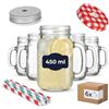 gouveo Set di 6 Bicchieri 450 ml con tappo a vite (0,45 l) argentato + rosso - Bicchiere con manico e cannuccia riutilizzabile in plastica rigida per limonata, cocktail, giardino (TGH450SR)