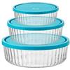 Bormioli Rocco Frigoverre Brilliante - Set di 3 contenitori rotondi in vetro a coste con coperchio in silicone, ciotole antigraffio per conservazione o preparazione - 432,3 g, 864,7 g e 1523,8 g
