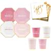 Dream' s Party Set 32 pezzi - Kit Coordinato tavola 40 Anni - Colore Rosa, Fucsia, Rosa carico, Bianco e Oro Lucido - Quarantesimo Compleanno - decoro buffet feste - 8 piatti + 8 Bicchieri + 16 tovaglioli