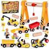 Herenear Veicolo da Cantiere in Legno per Bambini, Magnetico Veicoli con Gru, Bulldozer, Rullo Stradale, Gru a Cavalletto, Giocattoli Educativi per Bambini dai 3 anni in su