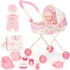 deAO Set Passeggino Pieghevole per Bambole con Bambola 30 CM e Accessori | Ampio Parasole, Ruote Scorrevoli, Leggera, Blocco Sicuro, Vestiti, Borsa, Vasino, Bavaglino, Kit Pasto, 3+ Anni