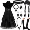 MWZEAUL Costume Halloween per Bambina, Vestito Halloween con Cintura Parrucca e Gioielli Accessori, Costumi Principessa Nero Gotiche Vestiti Bambina per Halloween Carnevale Cosplay, 120