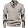 Duohropke Maglione da uomo finto in due pezzi, maglia fine, collo camicia, maglia a maniche lunghe, con scollo a V, per il tempo libero