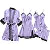 Generic Pigiama da donna elegante, set di 4 pezzi, camicia da notte Cami sexy Negligée con pizzo, vestaglia leggera, corta, pigiama, pigiameria, sexy, da donna