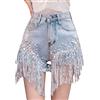 Generic Pantaloni corti in denim da donna, eleganti strass, perle, nappa, jeans estivi a vita alta, in denim, con brillantini, alla moda, con strappi e frange, pantaloni corti in denim da donna
