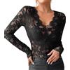 Duohropke Body in pizzo da donna leggero trasparente camicetta in pizzo profondo scollo a V bodies a maniche lunghe elegante body pizzo alto
