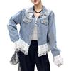 Juankrynord Giacca di Jeans da Donna Primaverile con Rifiniture in Pizzo e Perle; Cappotto di Jeans Corto a Maniche Lunghe con Bottoni e Patchwork con Rifiniture in Pizzo