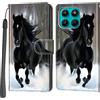PHINIENLAND Cover per Motorola Moto G37 / G47 custodia portafoglio Cavallo nero | 3 scomparti carte, 1 tasca banconote, Chiusura magnetica, Supporto, Pelle PU flip cover per Moto G37 / G47