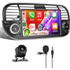 Hodozzy 【4+128G】Hodozzy OEM Autoradio Carplay per FIAT 500 2007-2014 con USB Type-C, 9 Pollici Schermo In-Cell Stereo Auto Bluetooth 5.0 con Android Auto/EQ/GPS/Wifi/RDS/SWC+Telecamera Retromarcia