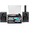Trynnay Giradischi Trynnay 10-in-1 con diffusori esterni - Nero Jet | Telecomando, diffusori da scaffale, BT In/Out, AM/FM, 3 velocità, riproduzione CD/USB/SD/AUX/RCA, funzione di registrazione