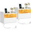 WOLTU Set di 2 Comodini Sospesi con Stazione di Ricarica, Bianco | Luce LED Regolabile, Scomparto Aperto e Cassetto, Bordi Rialzati, in Legno Ingegnerizzato, per Camera da Letto, 45x30x35 cm