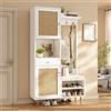 DACHETOU Set guardaroba con scarpiera, 99 x 35 x 180 cm, naturale, bianco, specchio, ganci, scarpiera, comò con 2 ante in rattan, 1 cassetto, scarpiera aperta, parete forata, gambe in ferro, per