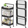 VORMICS Carrello da Cucina a 3 Ripiani Pieghevole, Nero | 3 ripiani in metallo, ruote scorrevoli, Cestino rete traspirante, Facile da montare, Bagno, Cucina, Lavanderia