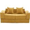 Coolywood Moderno divano letto matrimoniale con un comodo divano a due posti in tessuto con due cuscini. Un elegante poggiapiedi decorativo con spazio laterale e portabicchieri (giallo senape)