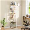 DWVO Scaffale a 6 ripiani, libreria alta con telaio in acciaio, libreria industriale con 4 ganci, scaffale da pavimento, espositore stretto per soggiorno, camera da letto, bianco e rovere