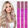 RUWISS 12 Pezzi Extension Capelli Glitter Clip 50cm Tinsel Extension | Fucsia Extension Capelli con Clip Effetto Iridato Tinsel Paillettes per Donne, Extensions Brillanti per Carnevale e Festa