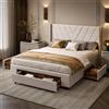 BRILVERDE Letto Matrimoniale Imbottito 140x200 cm con 3 Cassetti, Struttura in Legno Massello con Testiera, Letto per Ragazzi in Tessuto Lino Beige, Senza Materasso